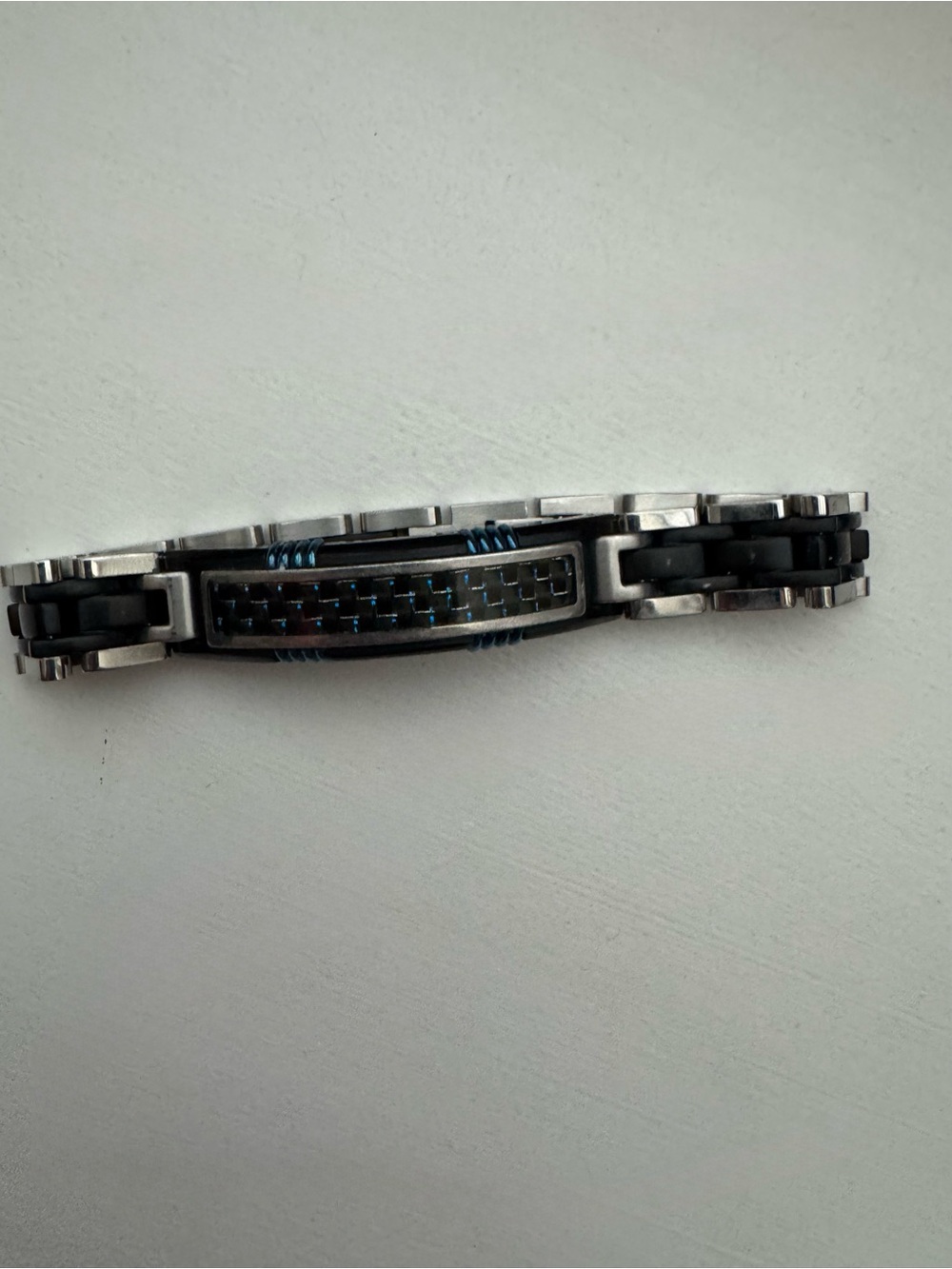 Men’s Black & Silver Link Bracelet - Carbon Fiber Style Blue Accent